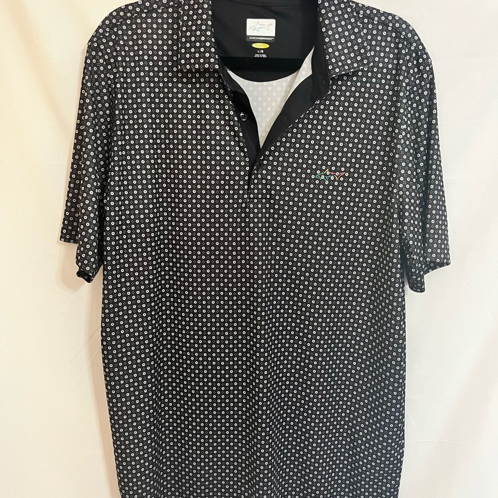 Greg Norman Collection Black and White Patterned Polo Sz L